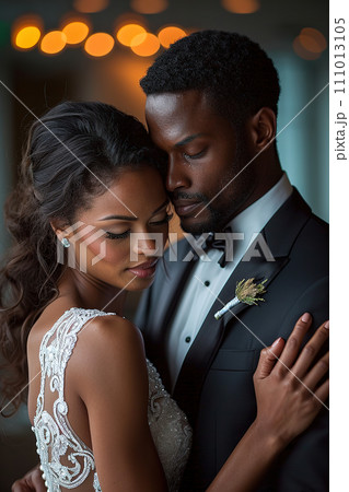Intimate moment between a bride and groom, ideal for wedding photography. AI Generated. 111013105