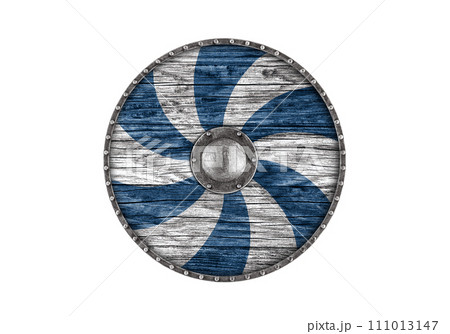 Old decorated wooden round shield isolated on white background Old decorated wooden round shield isolated on white background 111013147