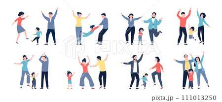 Happy families dancing together. Children and parents activities, celebrating party or home disco time. Mother father and kid dance recent vector set 111013250