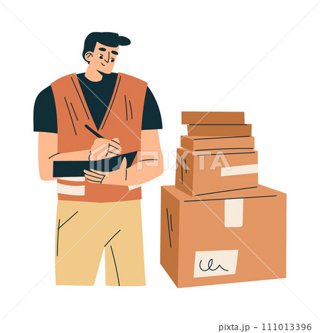 Logistics Service Man Worker Character in Orange Uniform Vector Illustration Logistics Service Man Worker Character in Orange Uniform Vector Illustration 111013396