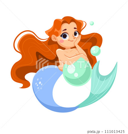 Little Girl Mermaid with Fish Tail and Wavy Hair Vector Illustration 111013425