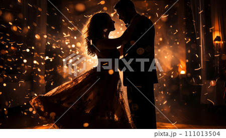 An illustration of a silhouette of a couple dancing elegantly among glittering lights and a festive atmosphere. 111013504