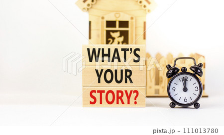 Storytelling and what is your story symbol. Concept words What is your story on blocks. Beautiful white background. Black alarm clock. Business storytelling and what is your story concept. Copy space. Storytelling and what is your story symbol. Concept words What is your story on blocks. Beautiful white background. Black alarm clock. Business storytelling and what is your story concept. Copy space. 111013780