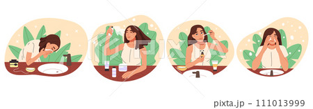 Beauty skincare routine. Woman skin care stages, cleansing, serum, face cream. Hygiene, hydration, skincare essentials flat vector illustration set. Girl skincare routine procedures Beauty skincare routine. Woman skin care stages, cleansing, serum, face cream. Hygiene, hydration, skincare essentials flat vector illustration set. Girl skincare routine procedures 111013999
