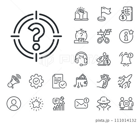 Aim symbol. Salaryman, gender equality and alert bell outline icons. Target with Question mark line icon. Help or FAQ sign. Headhunter line sign. Spy or profile placeholder icon. Vector 111014132