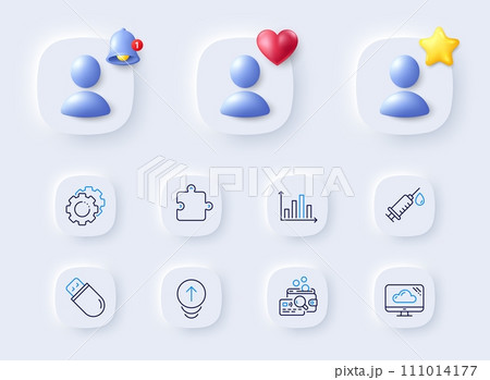 Puzzle, Inspect and Cloud storage line icons. Placeholder with 3d bell, star, heart. Pack of Usb stick, Medical syringe, Settings gears icon. Diagram graph, Swipe up pictogram. Vector 111014177