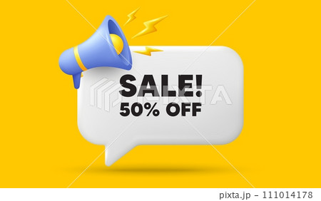 Sale 50 percent off discount. 3d speech bubble banner with megaphone. Promotion price offer sign. Retail badge symbol. Sale chat speech message. 3d offer talk box. Vector 111014178