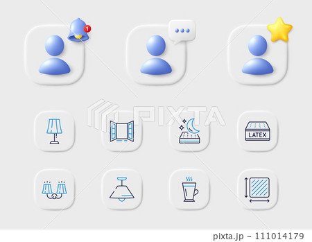 Mattress, Table lamp and Open door line icons. Placeholder with 3d star, reminder bell, chat. Pack of Sconce light, Square area, Latte icon. Latex mattress, Ceiling lamp pictogram. Vector 111014179