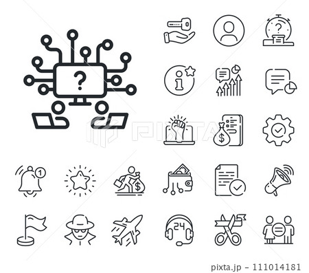 Ask help sign. Salaryman, gender equality and alert bell outline icons. Teamwork question line icon. Outsource support symbol. Teamwork question line sign. Spy or profile placeholder icon. Vector 111014181