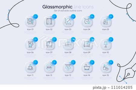 Set of Aroma candle, Ceiling lamp and Table lamp line icons for web app. Box size, Mint leaves, Pillows icons. Open door, Floor plan, Mattress signs. Tea cup, Bath, Circle area. Vector Set of Aroma candle, Ceiling lamp and Table lamp line icons for web app. Box size, Mint leaves, Pillows icons. Open door, Floor plan, Mattress signs. Tea cup, Bath, Circle area. Vector 111014205