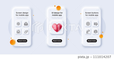 Discount, Group and Fan engine line icons pack. 3d phone mockups with heart. Glass smartphone screen. Donate, Skin cream, Leadership web icon. Photo edit, Global business pictogram. Vector 111014207