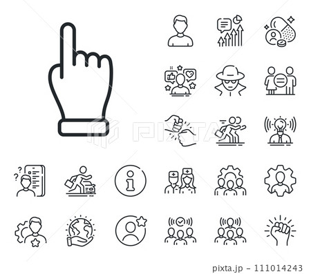 One finger palm sign. Specialist, doctor and job competition outline icons. Click hand line icon. Direction gesture symbol. Click hand line sign. Avatar placeholder, spy headshot icon. Vector 111014243