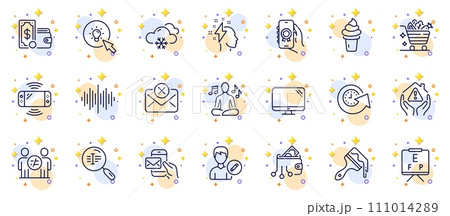 Outline set of Game console, Sound wave and Digital wallet line icons for web app. Include Yoga music, Computer, Brush pictogram icons. Messenger mail, House protection, Discrimination signs. Vector Outline set of Game console, Sound wave and Digital wallet line icons for web app. Include Yoga music, Computer, Brush pictogram icons. Messenger mail, House protection, Discrimination signs. Vector 111014289
