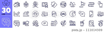 Cutting board, Text message and Music app line icons pack. Cocktail, Destination flag, Vegetables web icon. Touchscreen gesture, Medical drugs, Decreasing graph pictogram. Milestone. Vector 111014309