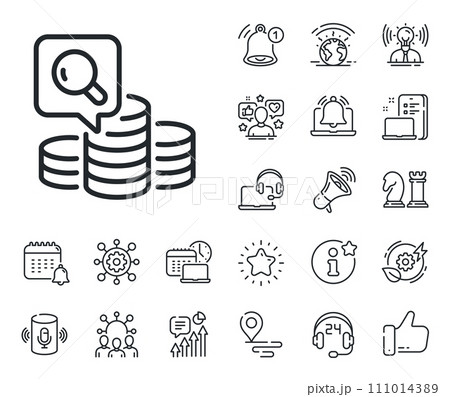 Budget accounting sign. Place location, technology and smart speaker outline icons. Inspect line icon. Search money symbol. Inspect line sign. Influencer, brand ambassador icon. Vector 111014389