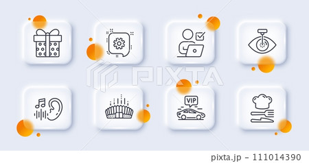 Eye laser, Online voting and Gift box line icons pack. 3d glass buttons with blurred circles. Arena stadium, Hearing, Cogwheel web icon. Vip transfer, Food pictogram. For web app, printing. Vector 111014390