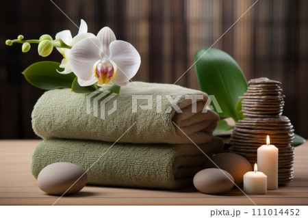 Spa setting with fluffy green rolled up towels, candles and white orchid flower on the wooden table Spa setting with fluffy green rolled up towels, candles and white orchid flower on the wooden table 111014452