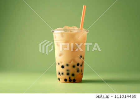 A cup of bubble boba milk tea on green background. Banner for restaurant A cup of bubble boba milk tea on green background. Banner for restaurant 111014469