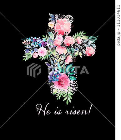 Cross of flowers on a black background. He has risen. hand drawing. Happy easter. Not AI. Vector illustration Cross of flowers on a black background. He has risen. hand drawing. Happy easter. Not AI. Vector illustration 111014611