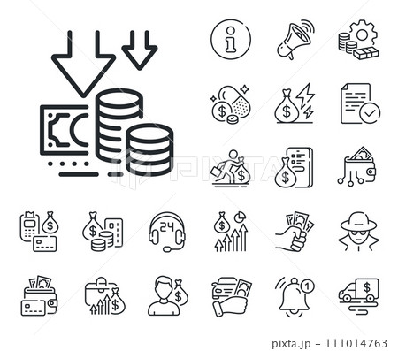 Price reduction sign. Cash money, loan and mortgage outline icons. Deflation line icon. Reduce rate symbol. Deflation line sign. Credit card, crypto wallet icon. Inflation, job salary. Vector Price reduction sign. Cash money, loan and mortgage outline icons. Deflation line icon. Reduce rate symbol. Deflation line sign. Credit card, crypto wallet icon. Inflation, job salary. Vector 111014763