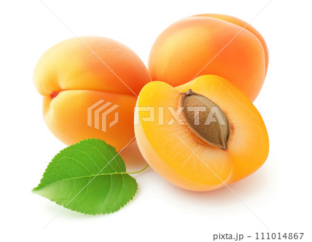 Fresh apricots with a leaf on white background, one sliced open to reveal pit Fresh apricots with a leaf on white background, one sliced open to reveal pit 111014867