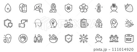 Icons pack as Nurse, Shields and Family insurance line icons for app include Skin care, Medical vaccination, Dating outline thin icon web set. Thermometer, Oil serum, Clean skin pictogram. Vector 111014920