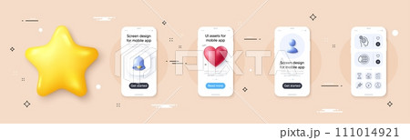 Time hourglass, Thoughts and Swimming pool line icons pack. Phone screen mockup with 3d bell, star and placeholder. Avatar, Canister, World water web icon. Yen money, Brush pictogram. Vector 111014921