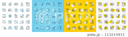 Vector icons set of Social distance, Umbrella and Covid test line icons pack for web with Vision board, Vaccine protection, Cleaning liquids outline icon. Quarantine, Coronavirus vaccine. Vector 111014931
