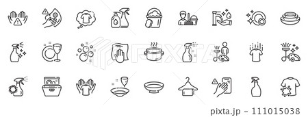 Icons pack as Cleaning liquids, Vacuum cleaner and Washing hands line icons for app include Clean dishes, Clean hands, Hold t-shirt outline thin icon web set. Cleaning service. Vector Icons pack as Cleaning liquids, Vacuum cleaner and Washing hands line icons for app include Clean dishes, Clean hands, Hold t-shirt outline thin icon web set. Cleaning service. Vector 111015038