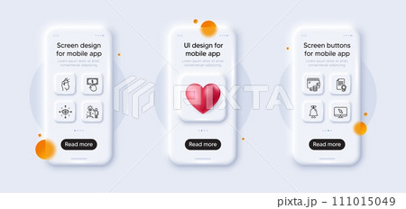 Bell, Parcel delivery and Internet line icons pack. 3d phone mockups with heart. Glass smartphone screen. Certificate, Brand ambassador, Payment click web icon. Wallet, Creative idea pictogram. Vector Bell, Parcel delivery and Internet line icons pack. 3d phone mockups with heart. Glass smartphone screen. Certificate, Brand ambassador, Payment click web icon. Wallet, Creative idea pictogram. Vector 111015049
