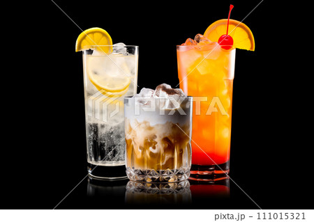 Set and collection of classic alcohol cocktails or mocktail isolated on white background with fresh summer fruits 111015321