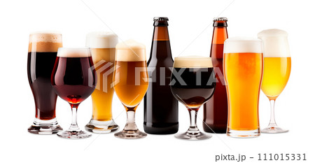 Set of Beer glasses and bottles on a white background. Mugs with drink like Ipa, Pale Ale, Pilsner, Porter or Stout 111015331