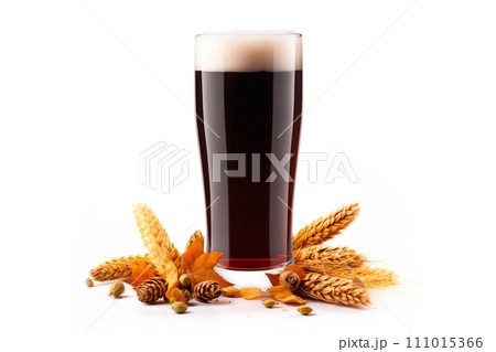 Beer in mug with wheat ears spikelets on white background. Mugs with drink like Ipa, Pale Ale, Pilsner, Porter or Stout 111015366