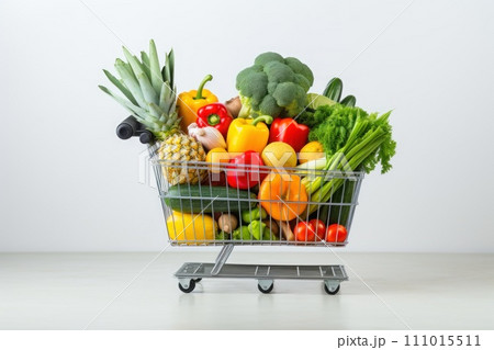 AI-generated content. Shopping trolley full with vegetables and fruits. Generative AI 111015511