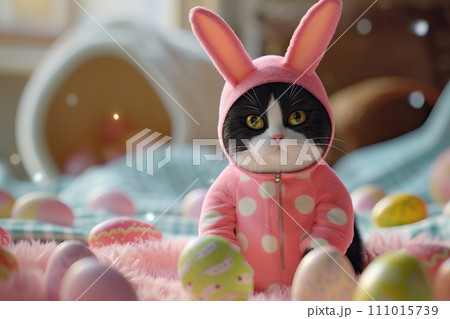 AI-generated content. Chubby Black and white cat wearing a pink rabbit costume, with Easter eggs. Generative AI AI-generated content. Chubby Black and white cat wearing a pink rabbit costume, with Easter eggs. Generative AI 111015739