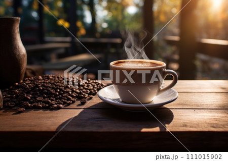 AI-generated content. Steaming cup of coffee stands on a wooden counter. Generative AI 111015902