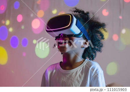 AI-generated content. Wonder and joy with VR glasses. Generative AI 111015903