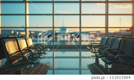 AI-generated content. Seats in an airport and see an airplane through the window. Generative AI 111015904