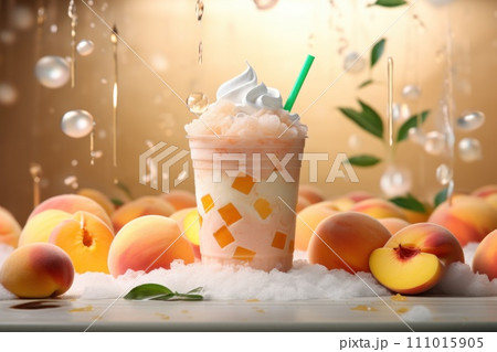 AI-generated content. Peach smoothie frappe effect swirling wave Peach milk splash around glass. Generative AI 111015905
