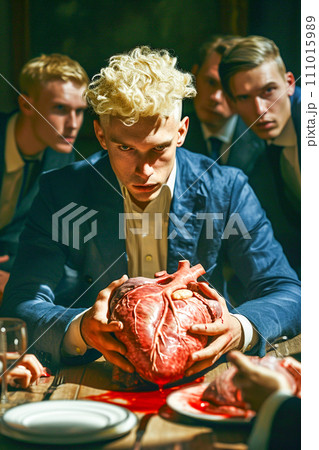 Man with a human heart in her hand, representing greed, ambition and infidelity Man with a human heart in her hand, representing greed, ambition and infidelity 111015989