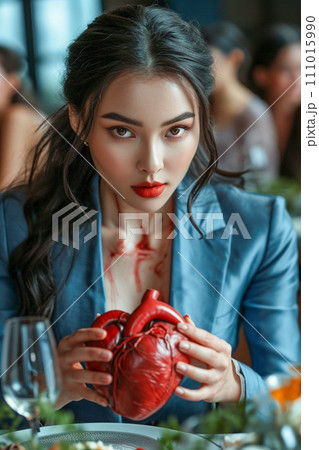 Woman with a human heart in her hand, representing greed, ambition, infidelity Woman with a human heart in her hand, representing greed, ambition, infidelity 111015990
