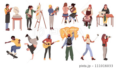 Creative professions people. Artisans at work, musician, graffiti artist, sculptor, puppeteer. Skater, dancer and photographer. Different crafts and hobbies, tidy vector cartoon flat set Creative professions people. Artisans at work, musician, graffiti artist, sculptor, puppeteer. Skater, dancer and photographer. Different crafts and hobbies, tidy vector cartoon flat set 111016033