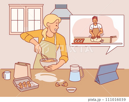 Girl cooks according to video recipe. Woman watches cooking blog, whipping eggs, online education, homemade food preparing, vlog or show channel with culinary tutorial cartoon vector concept 111016039