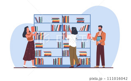 Library staff put books on shelves. Men and women near bookshelf. Shop workers. Knowledge and education. Reading people. Happy bookworms. Cartoon flat style isolated vector concept Library staff put books on shelves. Men and women near bookshelf. Shop workers. Knowledge and education. Reading people. Happy bookworms. Cartoon flat style isolated vector concept 111016042