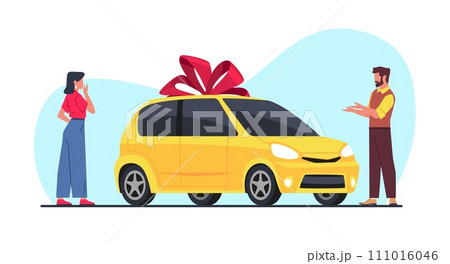 Man gives woman car as gift. Birthday surprise, automobile lottery prize, auto with red bow. Passenger personal city transport. Give congratulations. Cartoon flat isolated vector concept Man gives woman car as gift. Birthday surprise, automobile lottery prize, auto with red bow. Passenger personal city transport. Give congratulations. Cartoon flat isolated vector concept 111016046