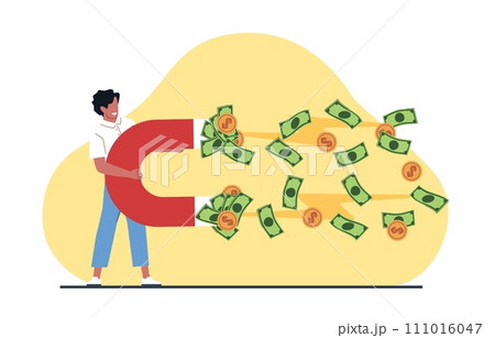 Man holds powerful magnet to attract money bills, gold coins. Investment strategy, business opportunities, magnetic power. Rich businessman cartoon flat isolated vector financial concept 111016047