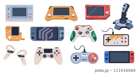 Videogame joysticks. Retro game consoles and wireless gamepads, playing controllers, electronic digital devices, accessory for gamers, gaming technology nowaday vector cartoon flat vector set Videogame joysticks. Retro game consoles and wireless gamepads, playing controllers, electronic digital devices, accessory for gamers, gaming technology nowaday vector cartoon flat vector set 111016060