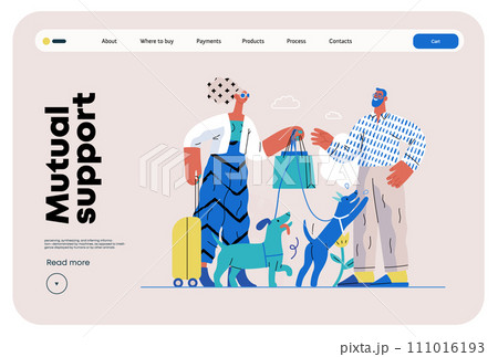 Mutual Support: Pet-sitting -modern flat vector concept illustration of a woman going on vacation leaving her dogs with neighbor. A metaphor of voluntary, collaborative exchanges of resource, services 111016193