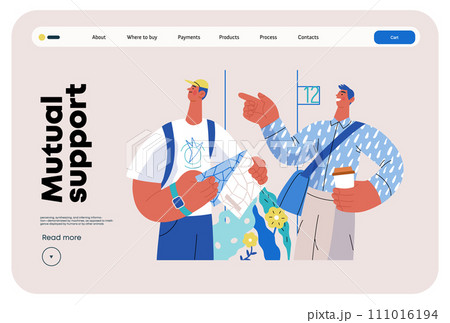Mutual Support: Directing a passerby -modern flat vector concept illustration of man pointing the way to a tourist. A metaphor of voluntary, collaborative exchanges of resource, services Mutual Support: Directing a passerby -modern flat vector concept illustration of man pointing the way to a tourist. A metaphor of voluntary, collaborative exchanges of resource, services 111016194