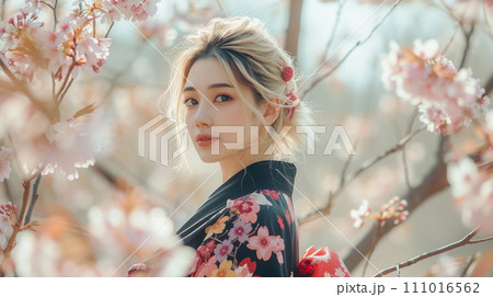 満開の桜の中にいる着物の若い女性 金髪 (AI生成) 満開の桜の中にいる着物の若い女性 金髪 (AI生成) 111016562